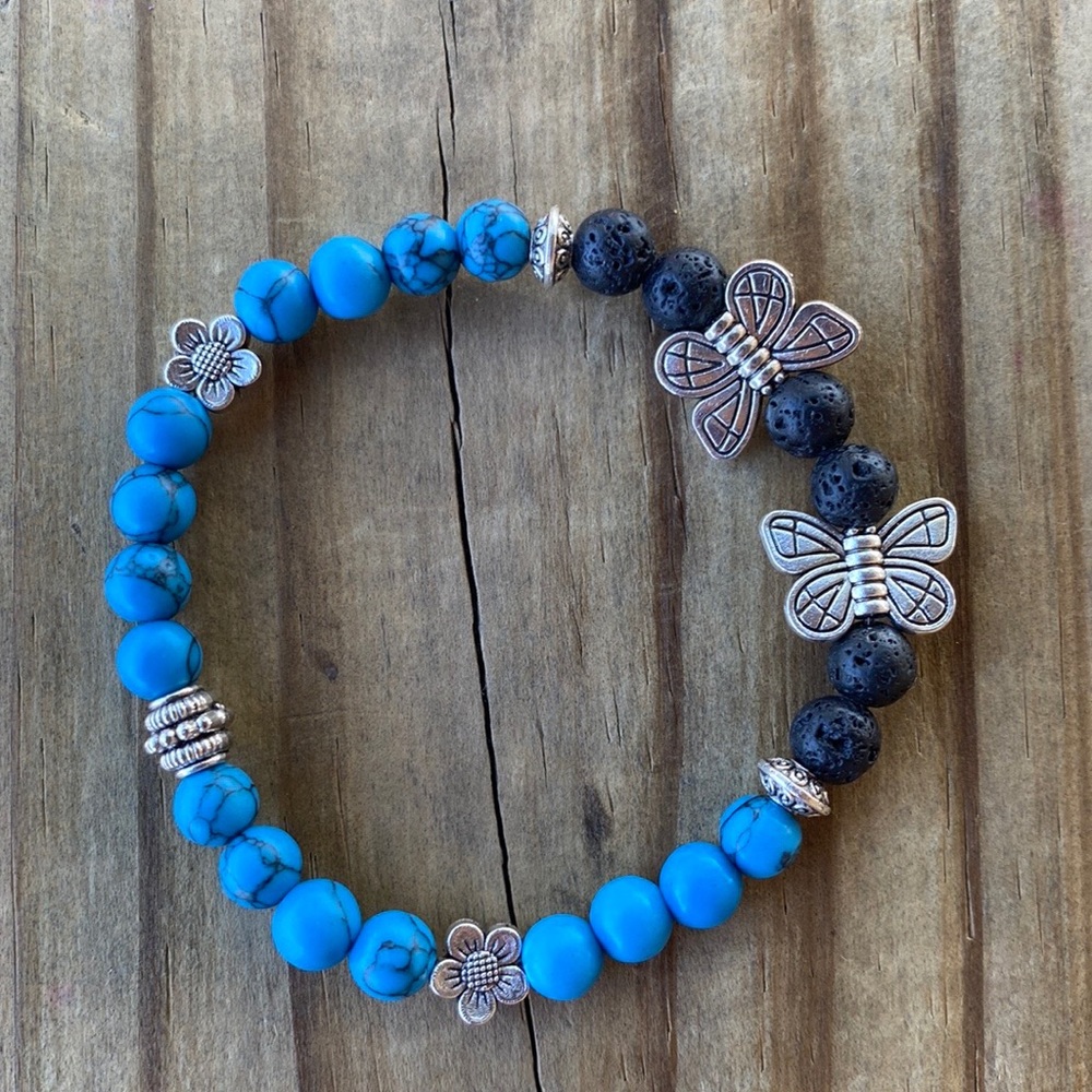 6mm Gemstones Beads bracelet. Blue Turquoise Beads, Black Lava Beads, spacers.